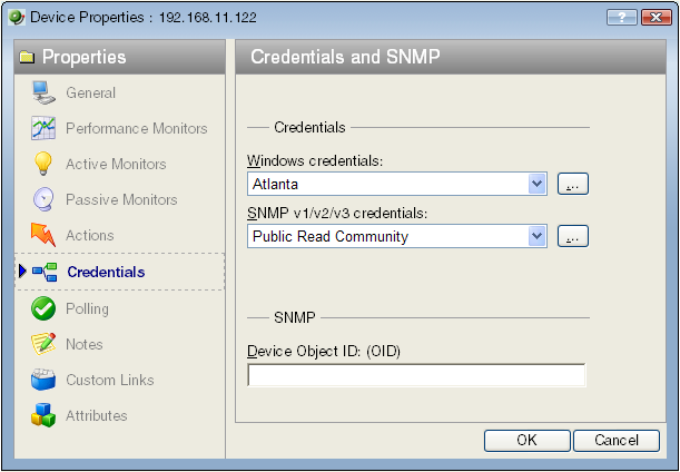 Device Property Credentials and SNMP dialog